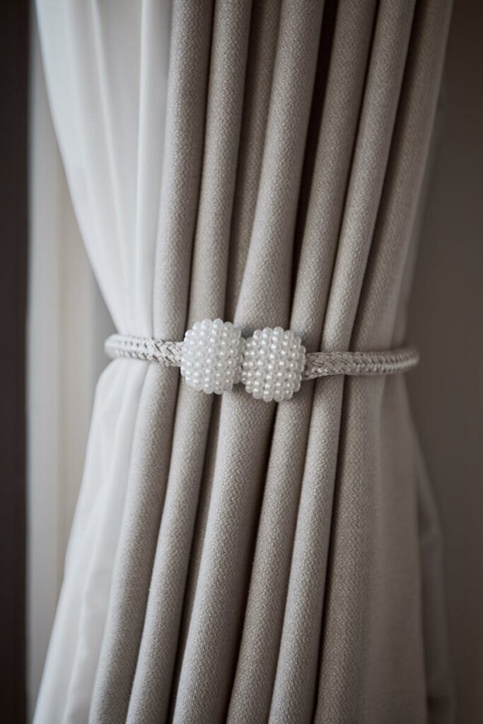 Luxurious gray curtains held by a decorative pearl tieback, adding elegance to any room.